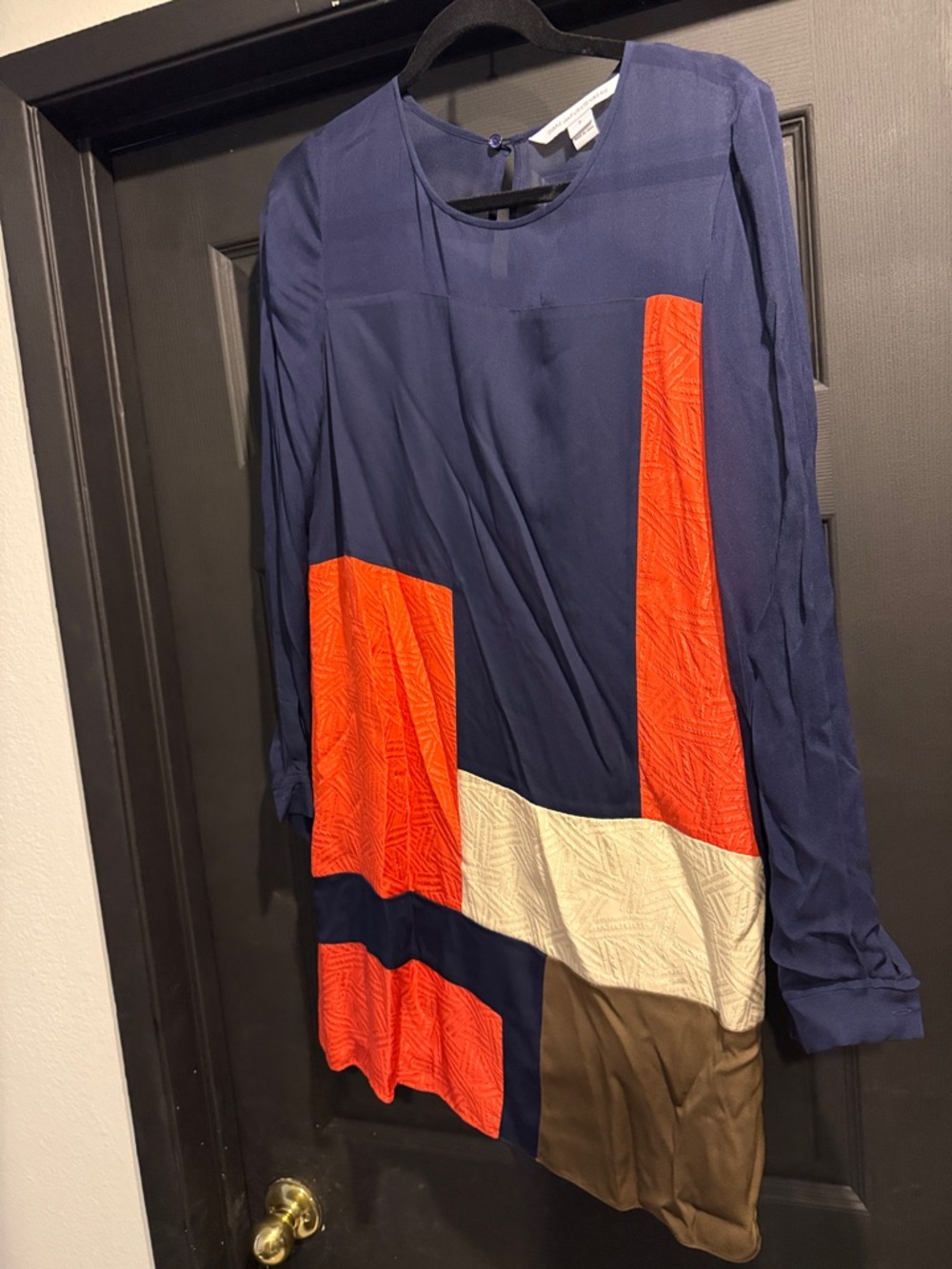 Diane Von Furstenberg Navy, Orange & Cream Colorblock Long Sleeve Shirt